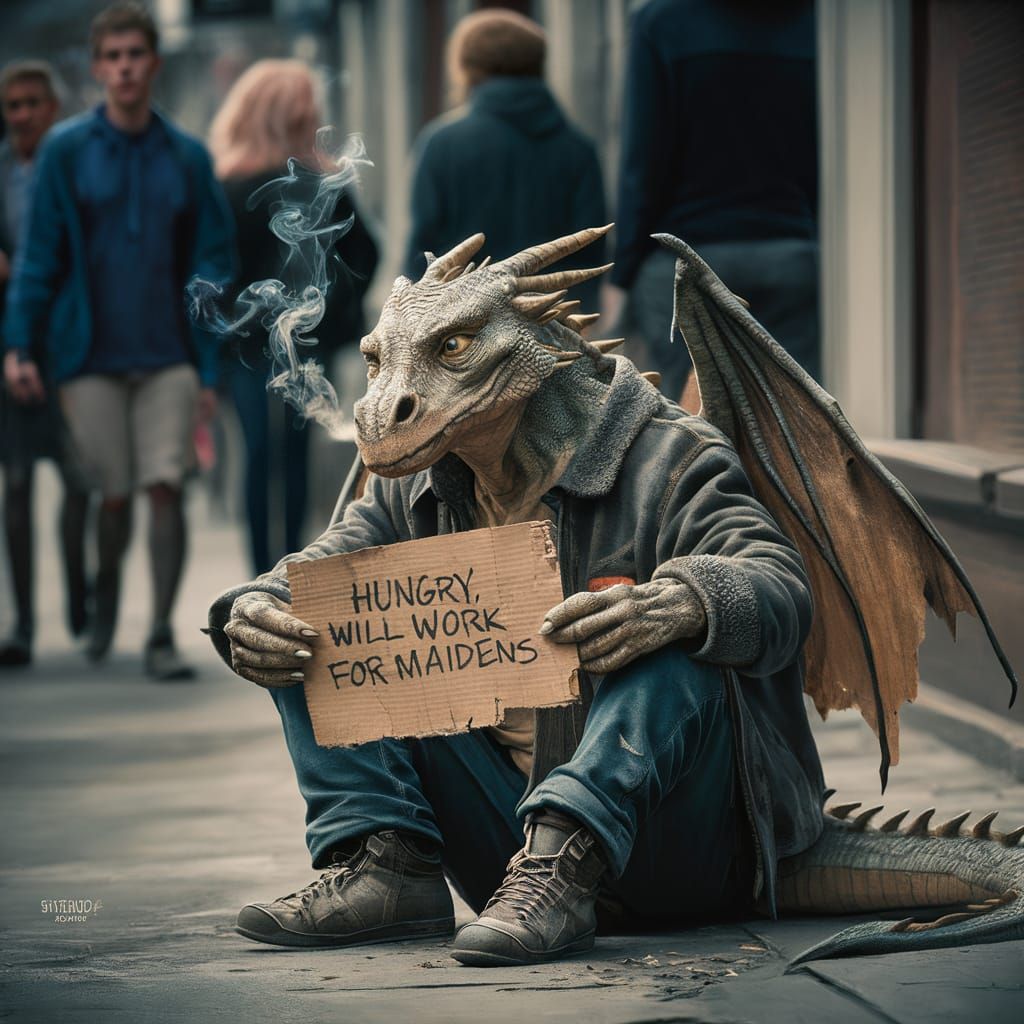 Homeless Dragon Seeks Maidens, Ultra-Detailed Photograph