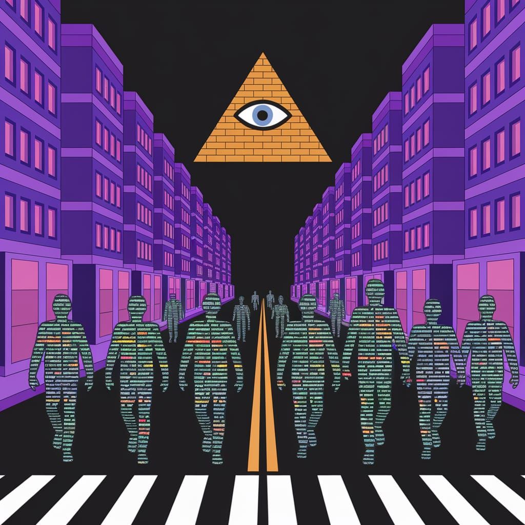 A street where the people walking on it are all made of comp...