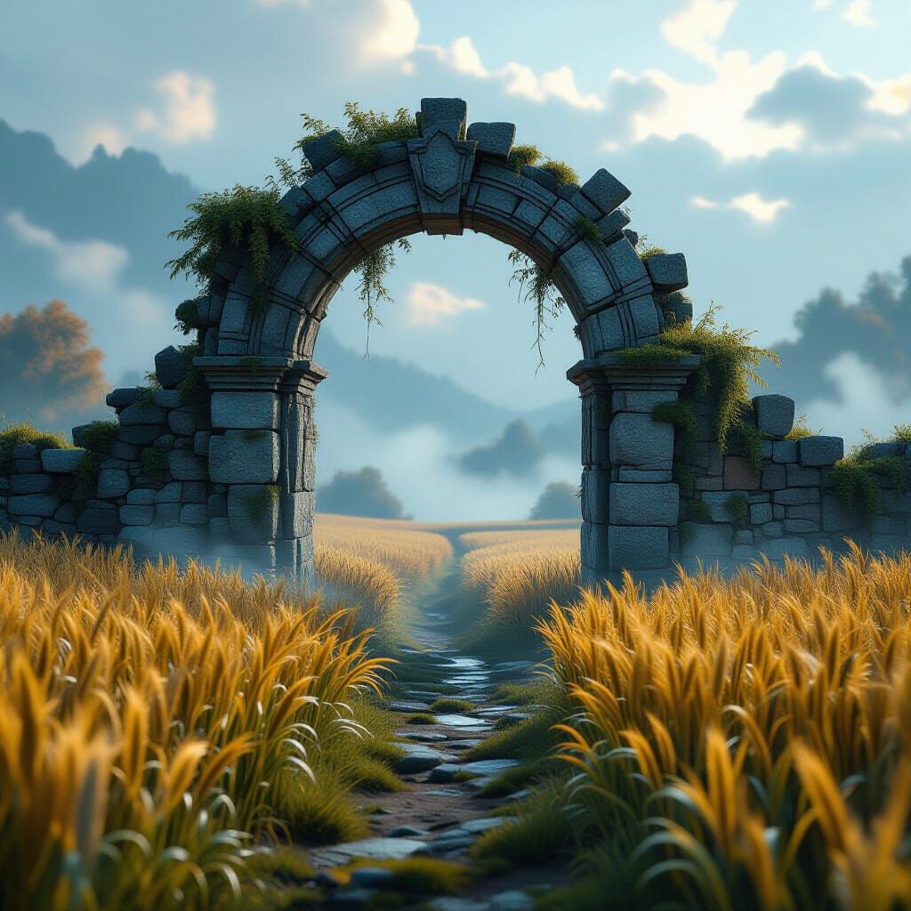 Ancient Stone Archway Leads to Shimmering Portal in Misty Fi...