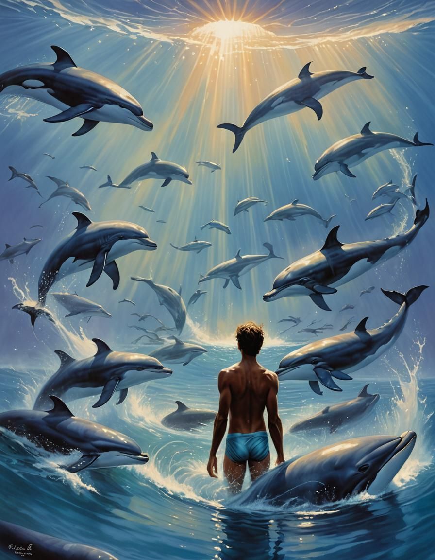 Man Surrounded by Whales in Ethereal Ocean