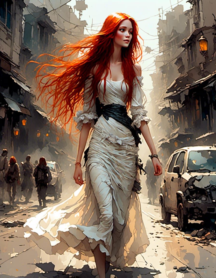 Red-Haired Woman in Post-Apocalyptic City as Gothic Art