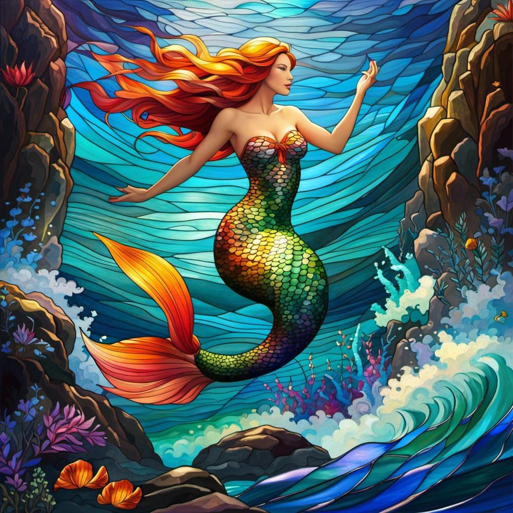 Stunning Stained Glass Mermaid in Ocean Waves