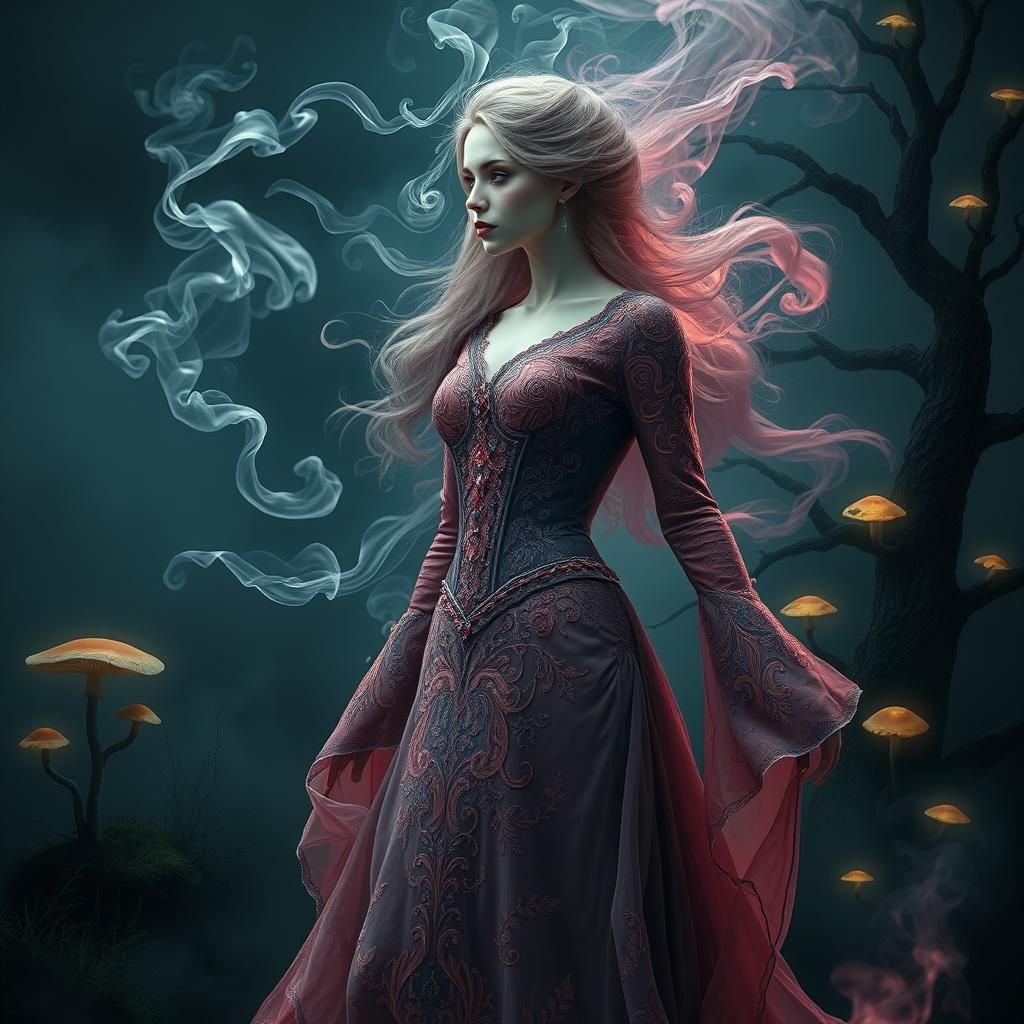 Ethereal Smoke Woman in a Fantastical Landscape