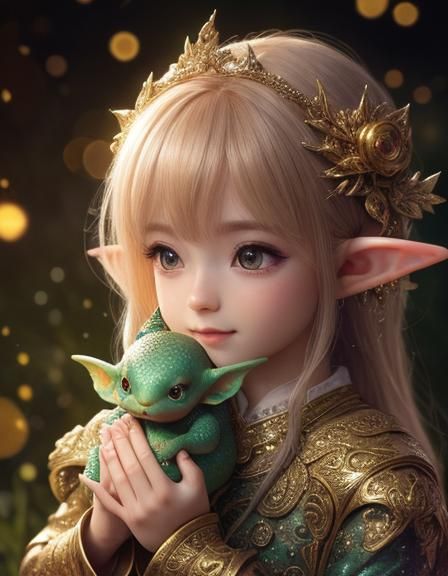 Adorable Baby Dragon and Elf in Watercolor Style