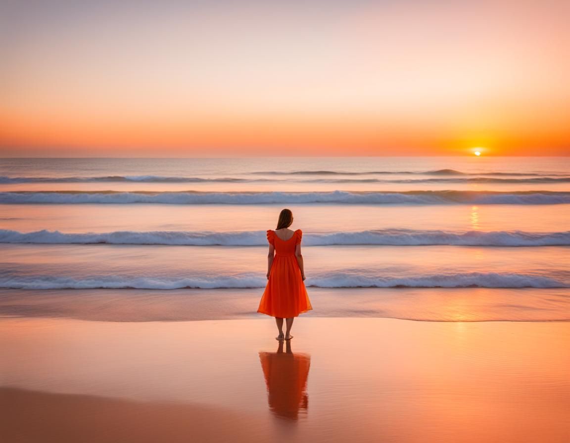 Woman in Orange Dress at Sunset on Beach