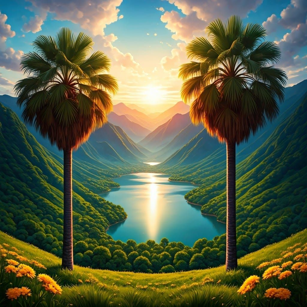 Hyperrealistic Sunrise Over Green Mountains and Lake