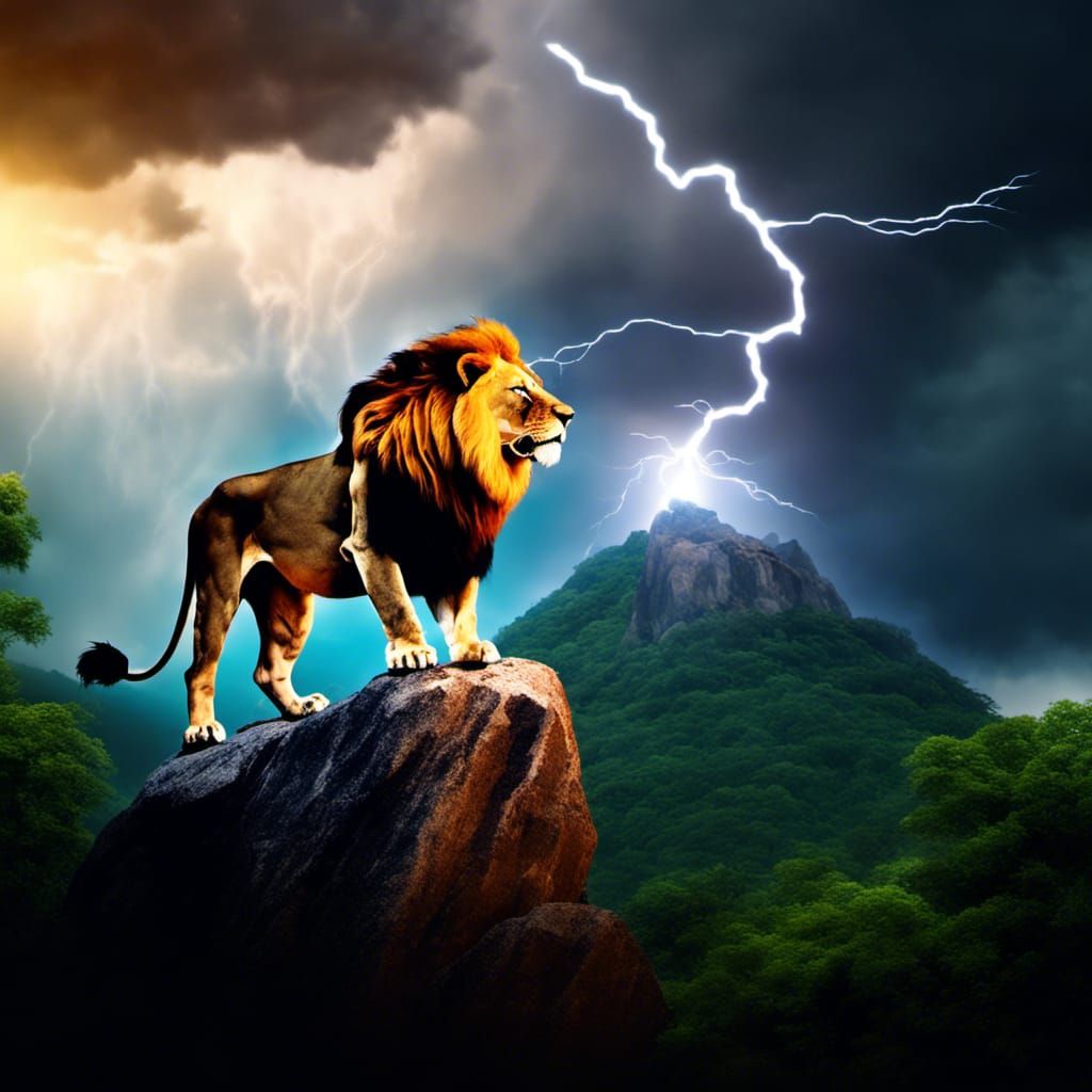 Roaring Lion on Mountain Peak During Storm