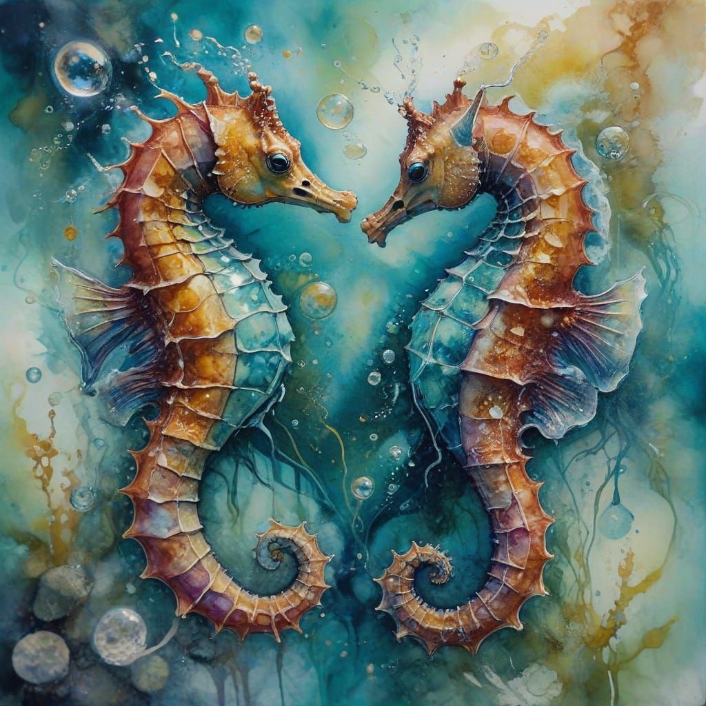 Dreamy Underwater Scene with Intertwined Seahorses