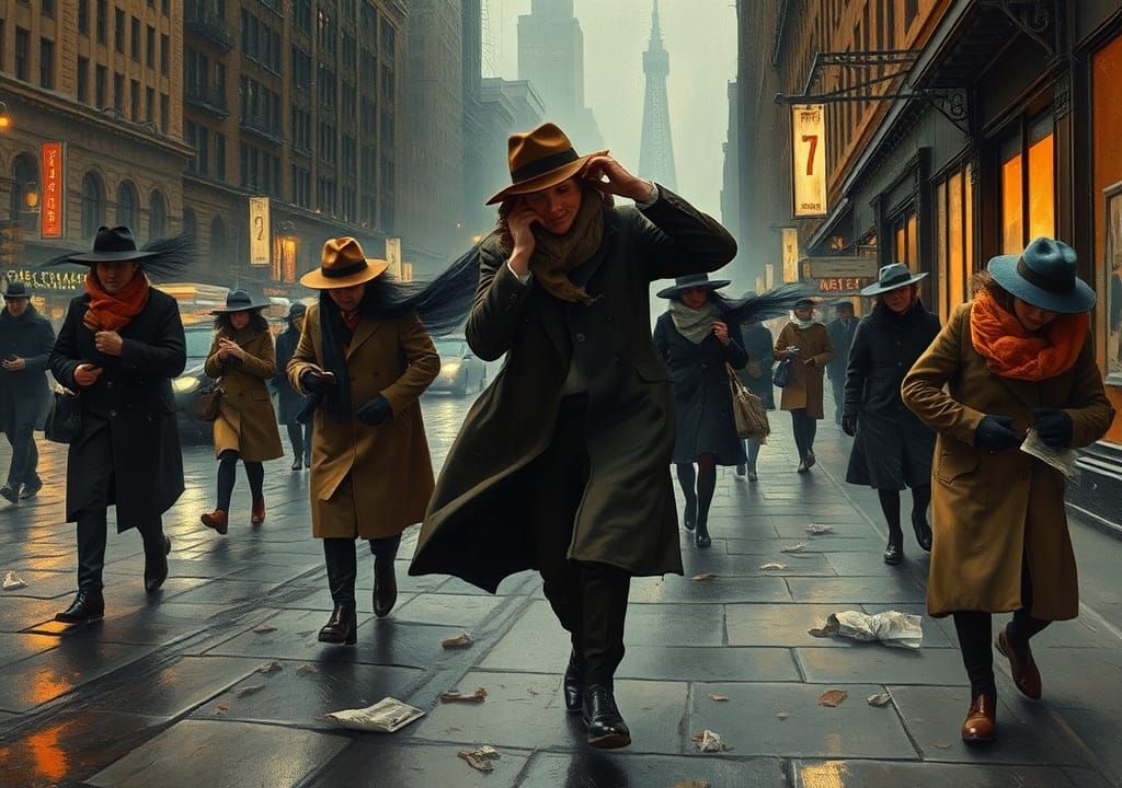 1920s Chicago Windswept Street Scene in Art Deco Style