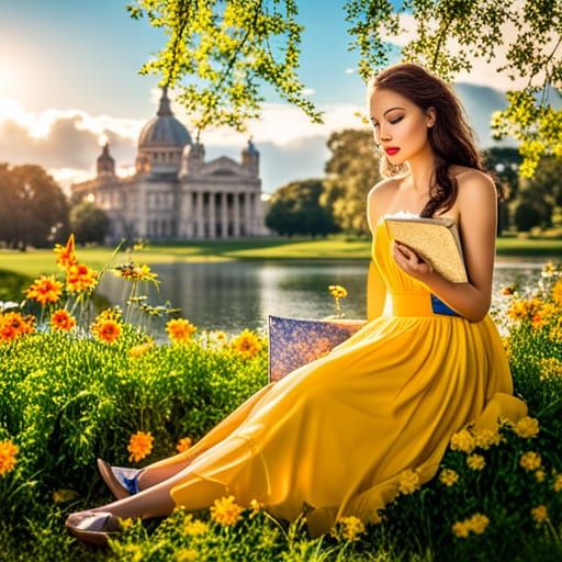 Woman Reading in Sunny Park: Realistic Photography