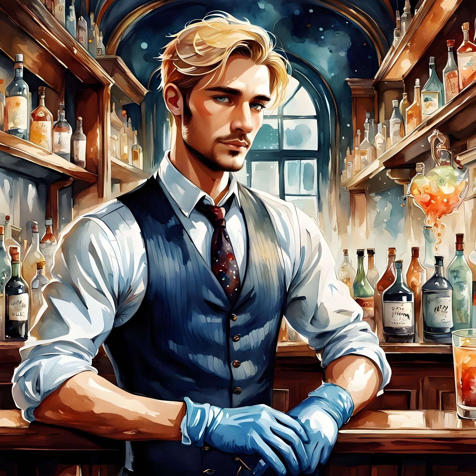 Stunning Bartender Scene in Vibrant Watercolor Style