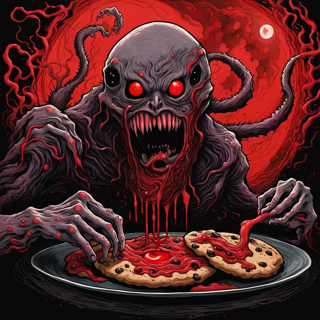 Eldritch Monsters Devouring Cookie in Junji Ito Style