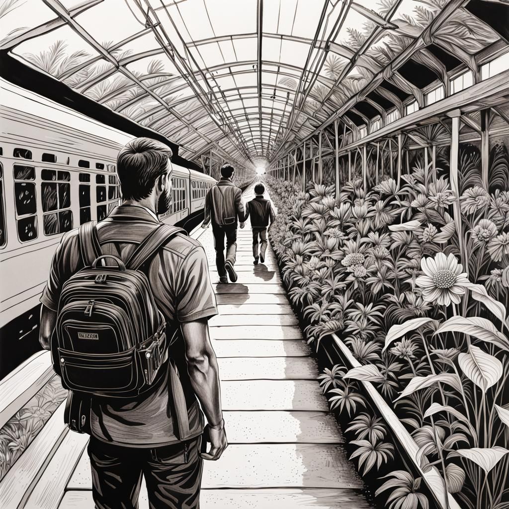 Botanical Ink Drawing: Father and Son Departure