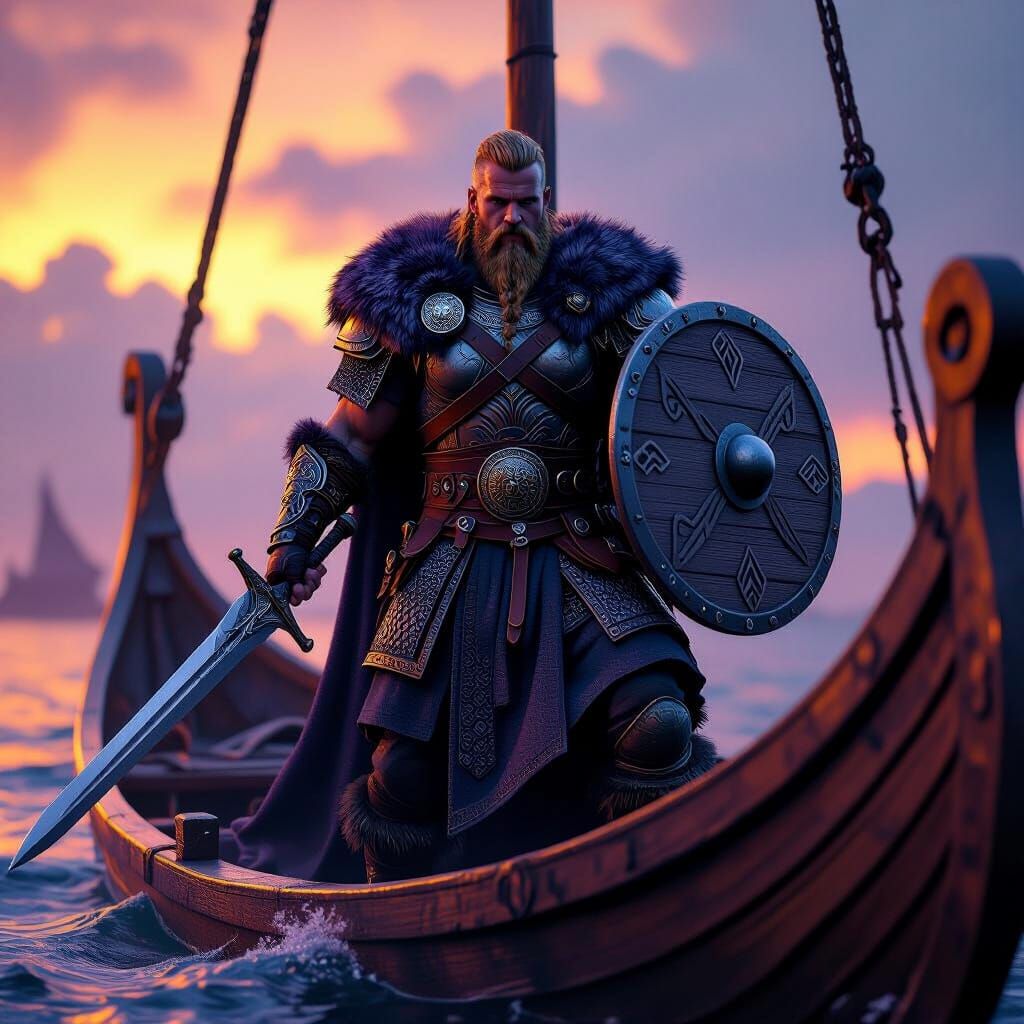 Viking Warrior on Ship in Dark Fantasy Style