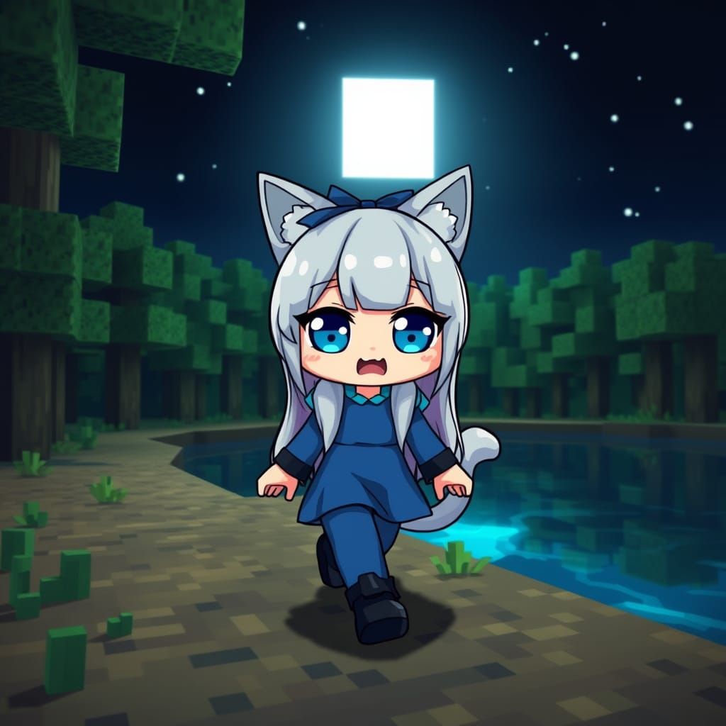 Minecraft Catgirl Strolls Under Starry Night Sky