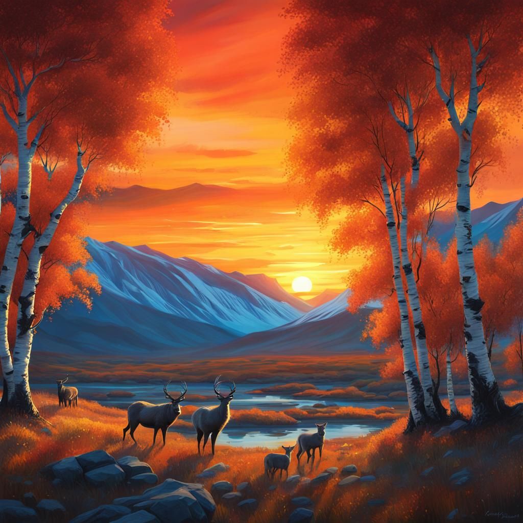 Greenland Birch Trees with Reindeer: Oil Painting