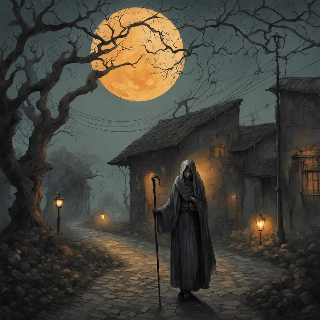 Melancholic Woman in Post-Impressionist Watercolor Village