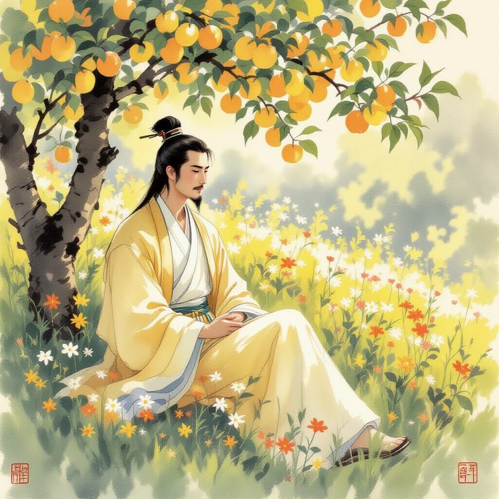 Ethereal Chinese Man in Sun-Dappled Apple Grove