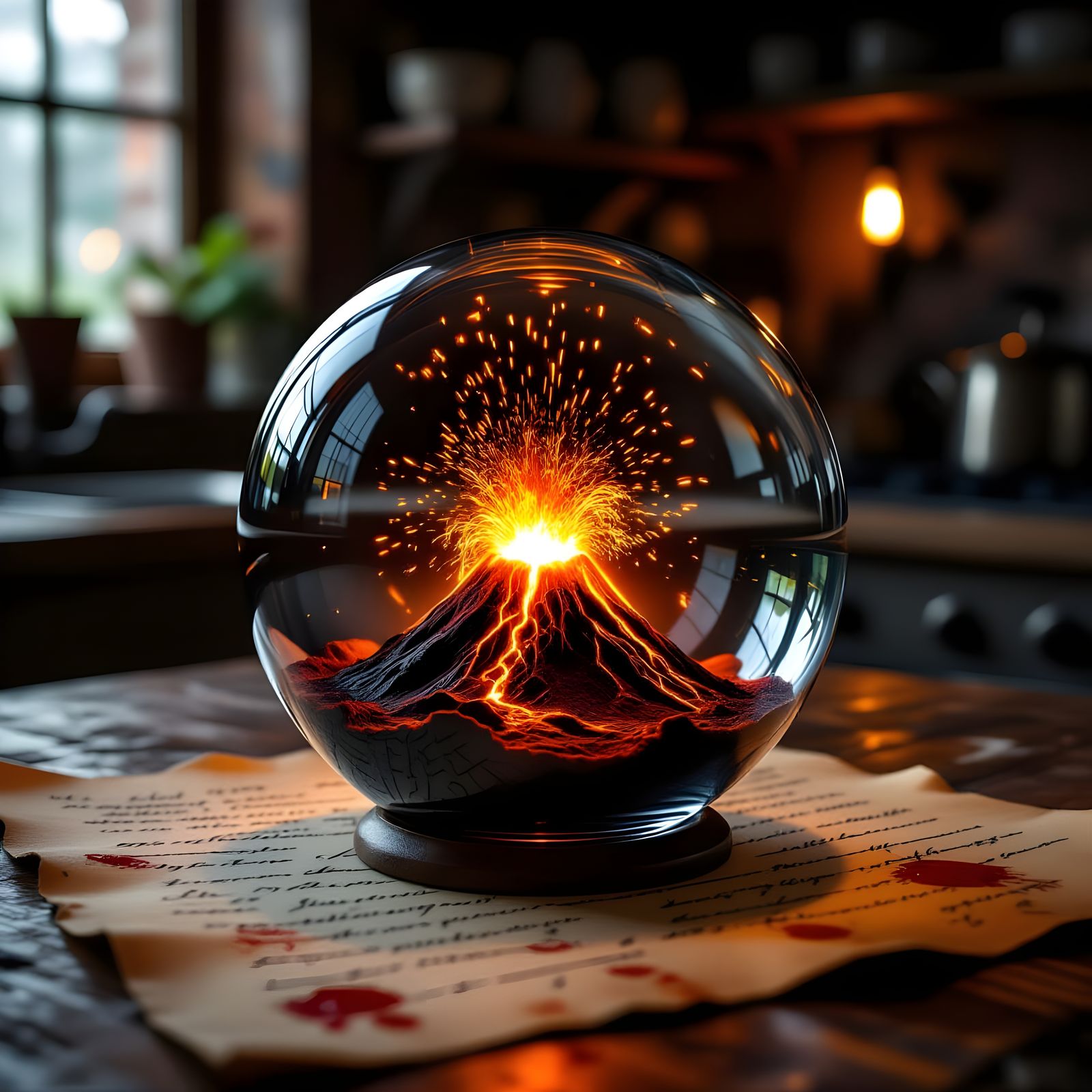 Erupting Volcano Inside Glass Sphere on Parchment