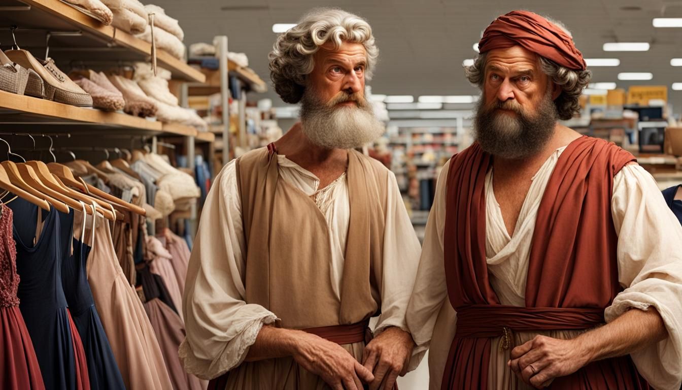 Archimedes and Aristotle trying on dresses in Walmart