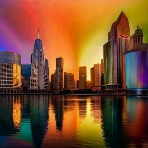 Hyperrealistic Purple Building Reflected in Water