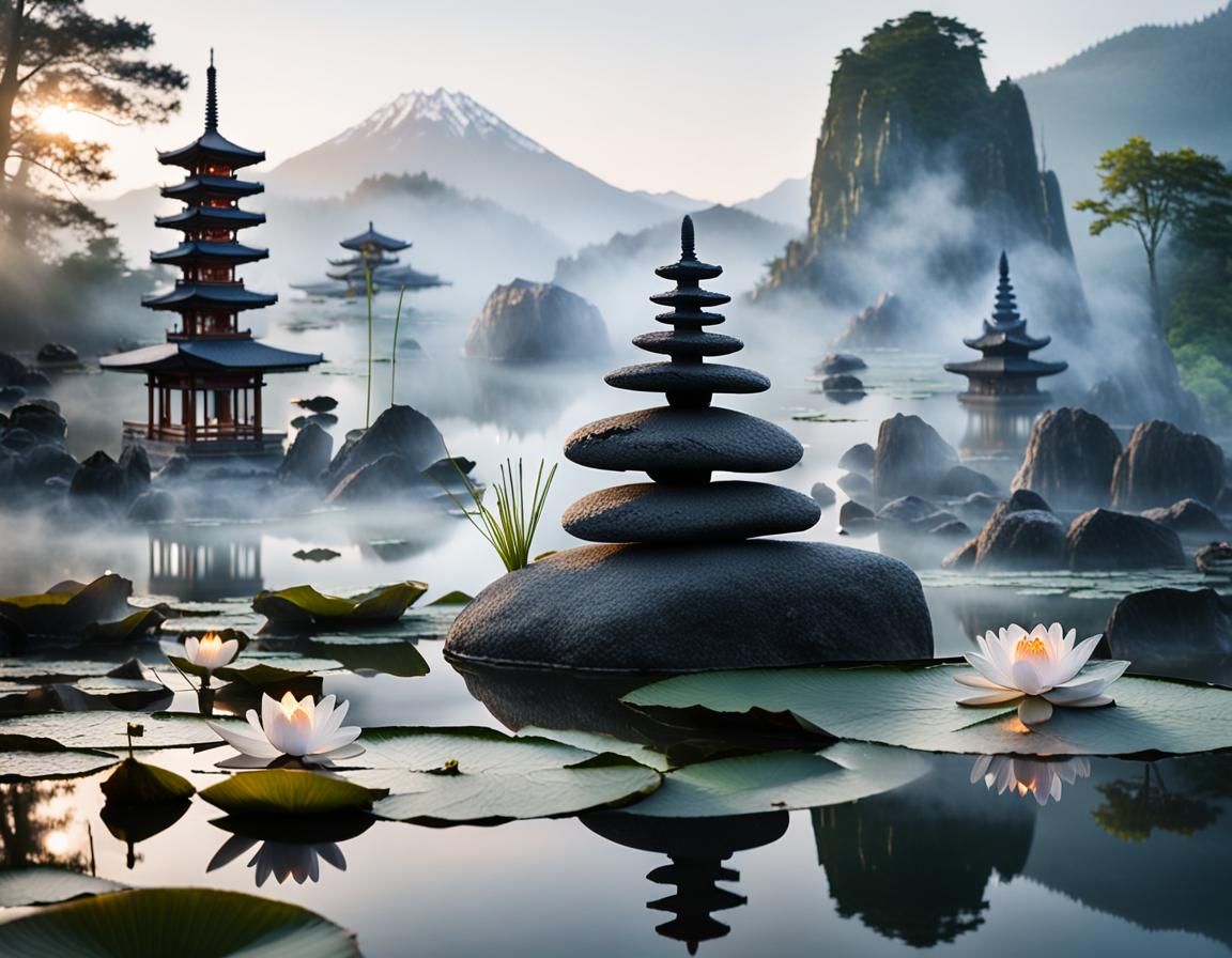 Zen Master in Serene Japanese Landscape at Dawn