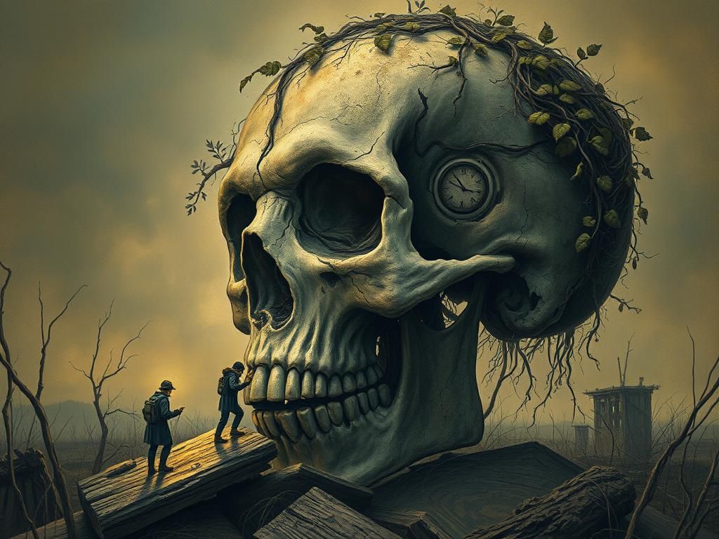 Decaying Skull in Post-Apocalyptic Landscape