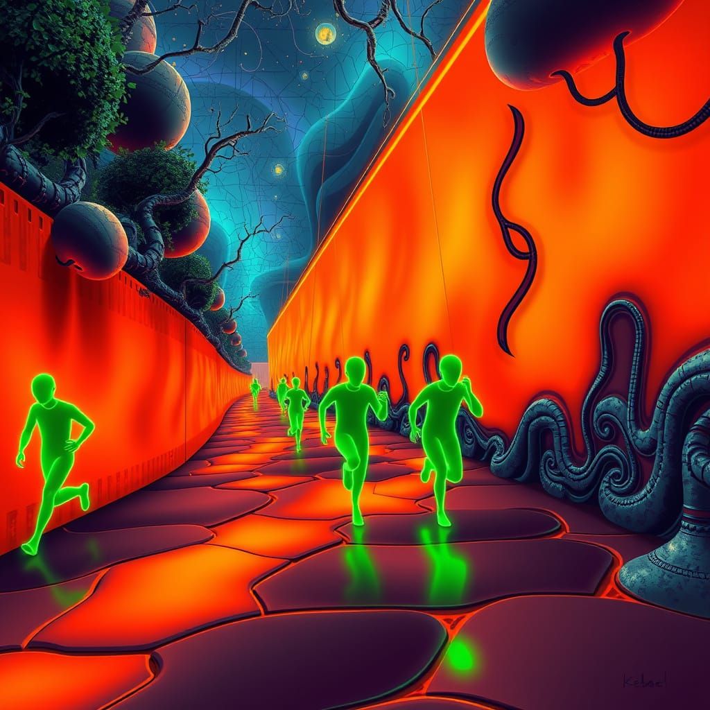 Surreal Neon Alley with Green Figures in Fractal Style