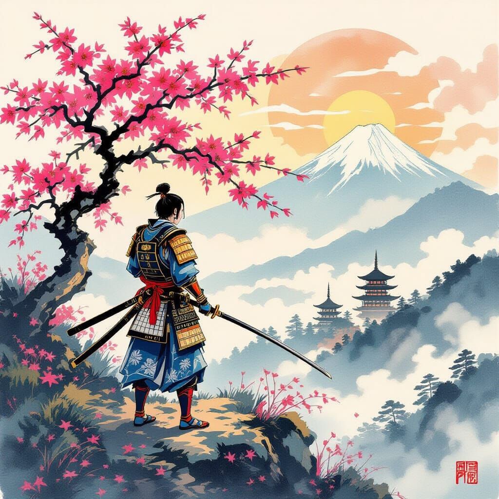 Samurai Overlooking Misty Landscape in Sumi-e Style