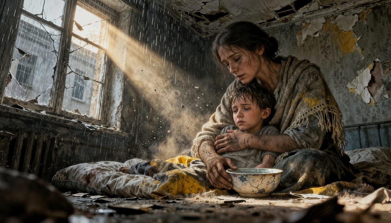 Mother and Child in Dim Tenement Room
