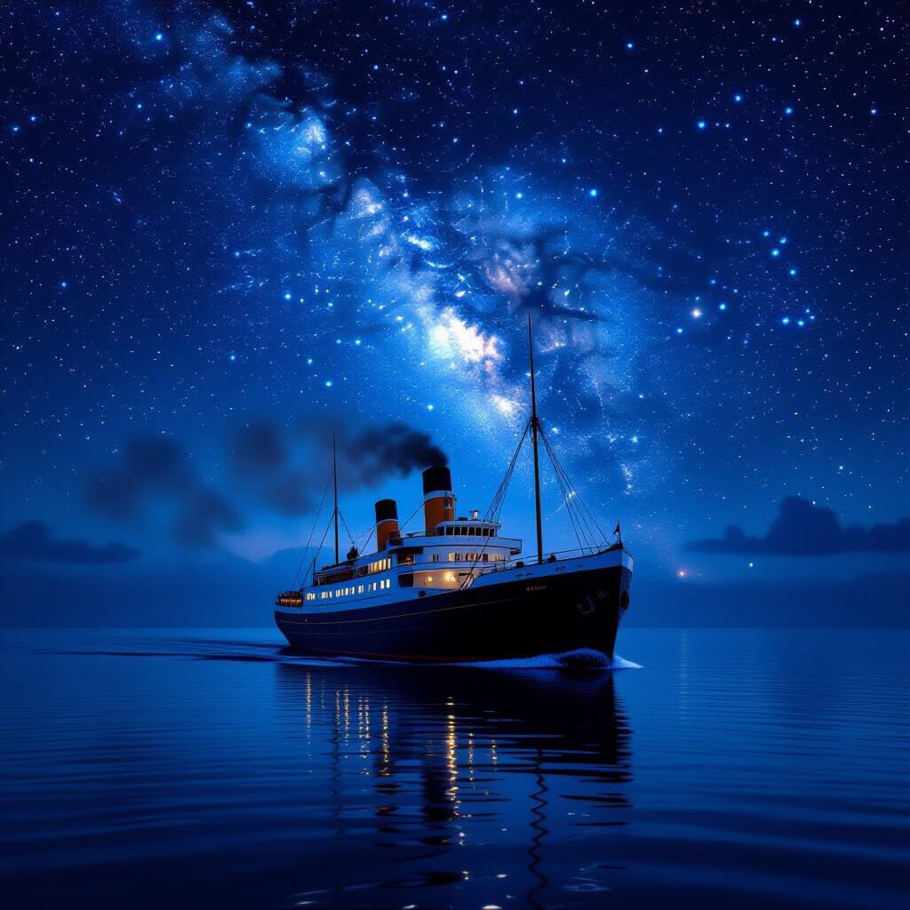 Majestic Steamship Under Starry Sky, Realistic Painting