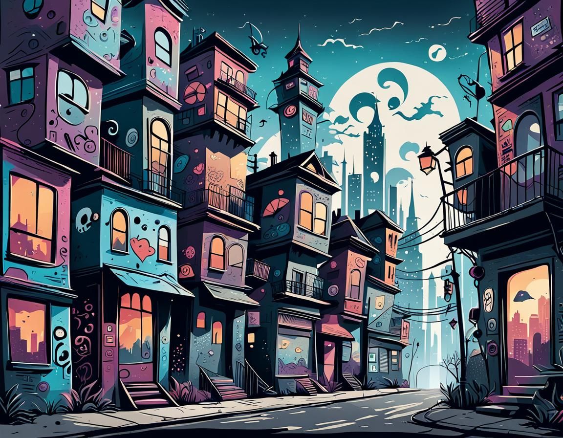 Whimsical Cityscape in Tim Burton Style