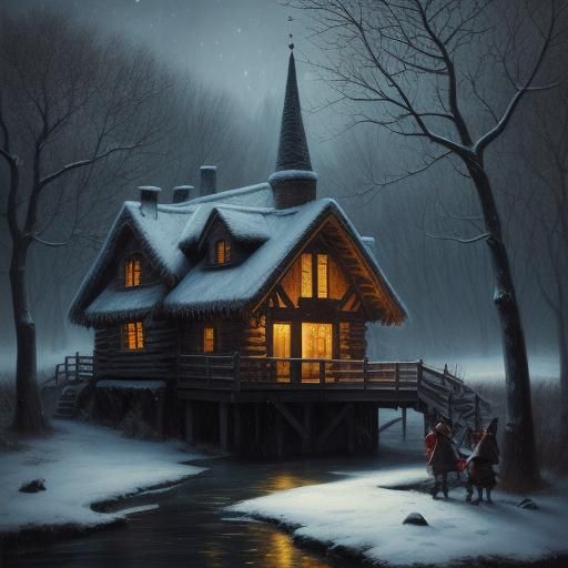 Eerie Winter Cottage Scene in Dark Fantasy Style