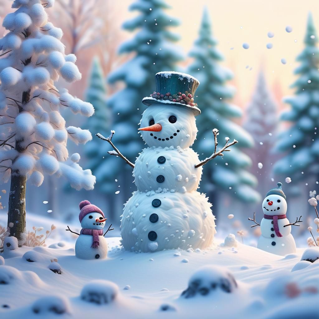 Whimsical Snowman Scene in Soft Pastel Colors