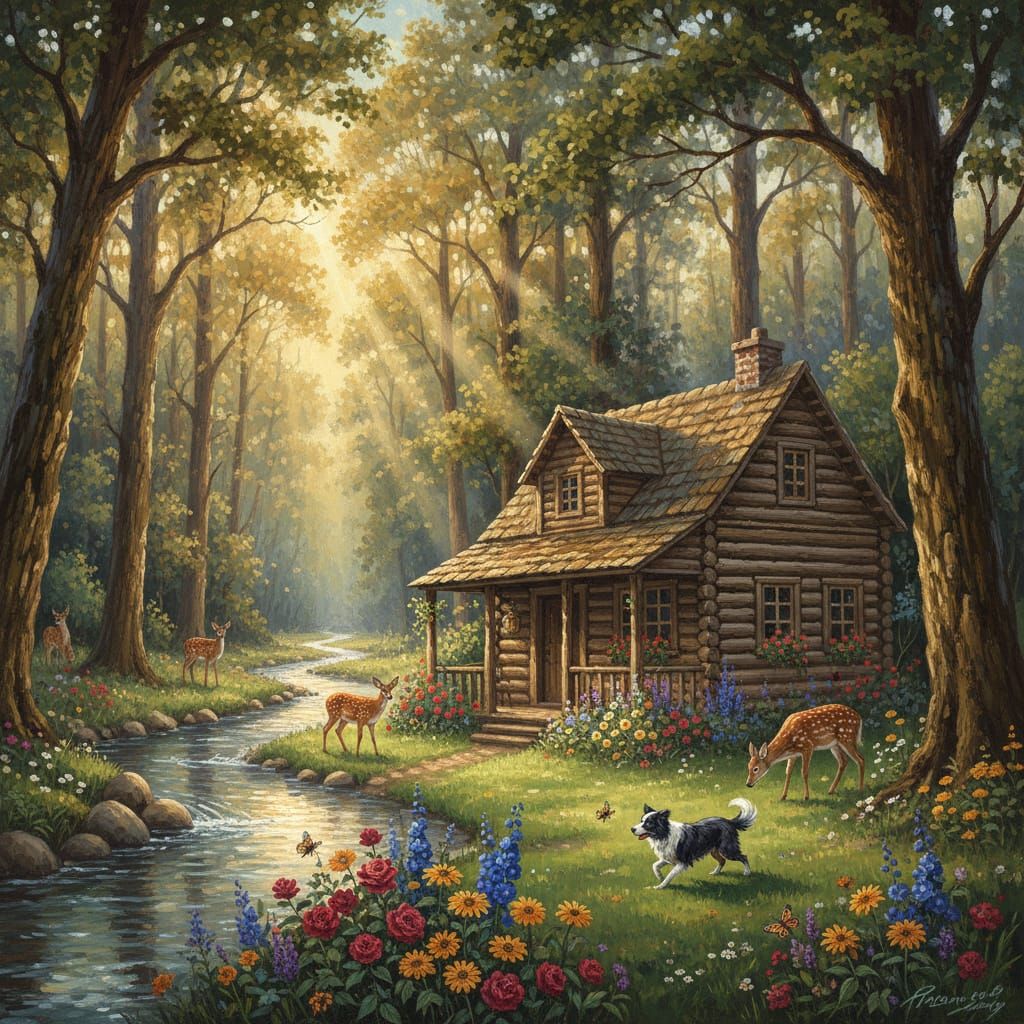 Log Cabin in Sunlit Forest with Wildlife and River