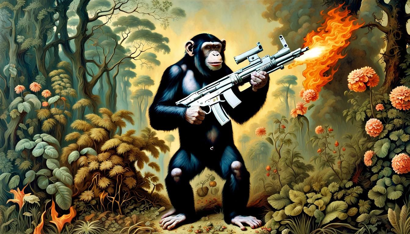 Chimpanzee Soldier in War Zone, Historical Art Style
