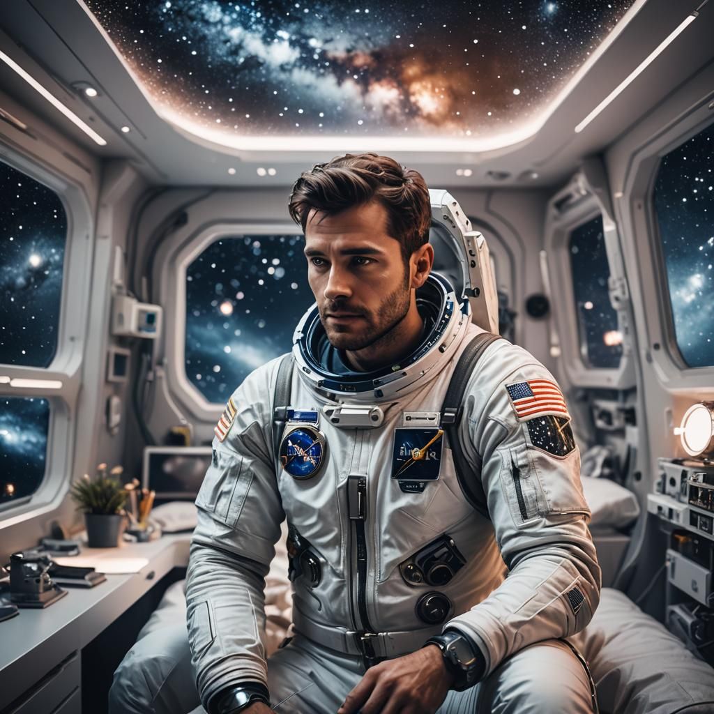 Astronaut Gazing at Galaxy in Futuristic Spaceship