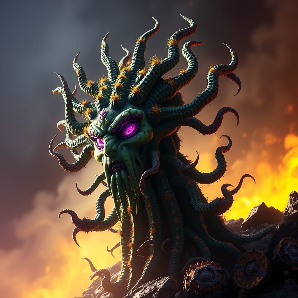 Cactus Medusa Gorgon in Mystical Digital Art Style