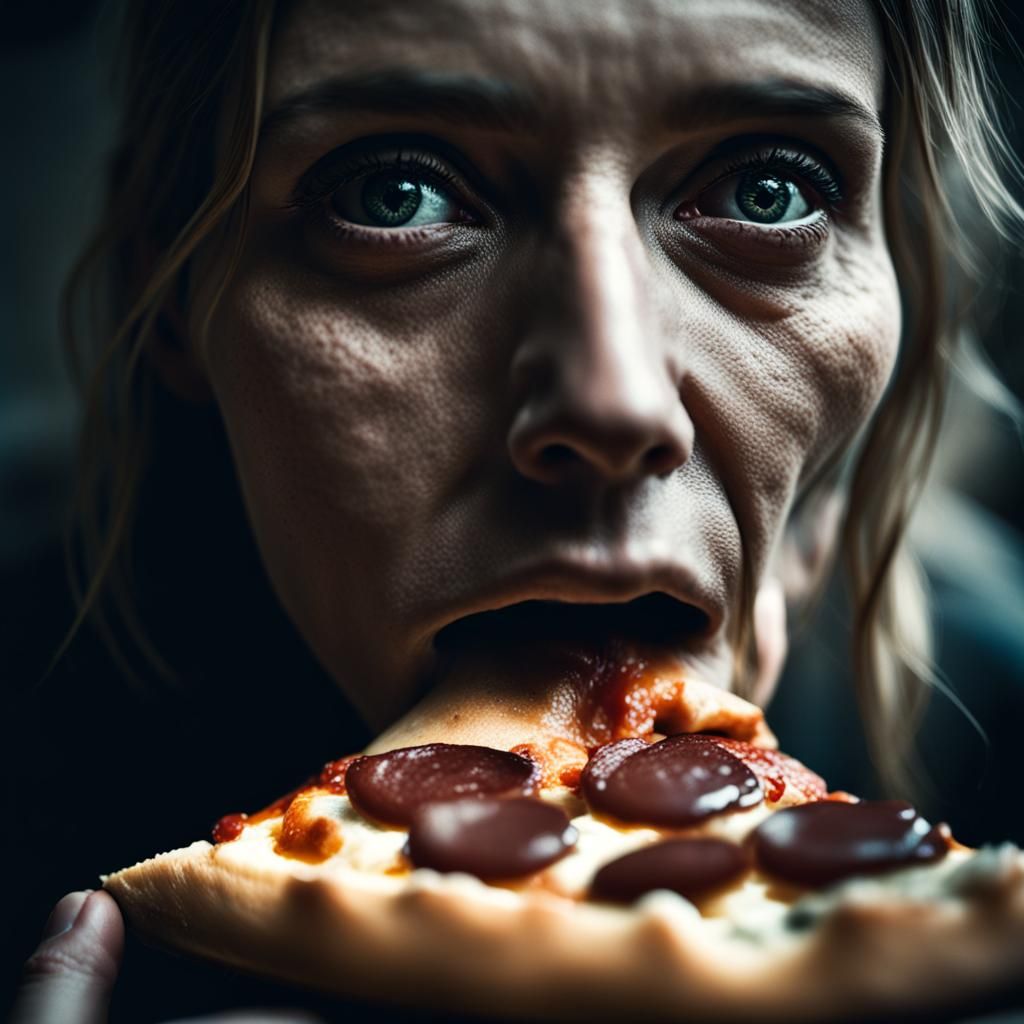 Woman Eats Pizza in Frightening World