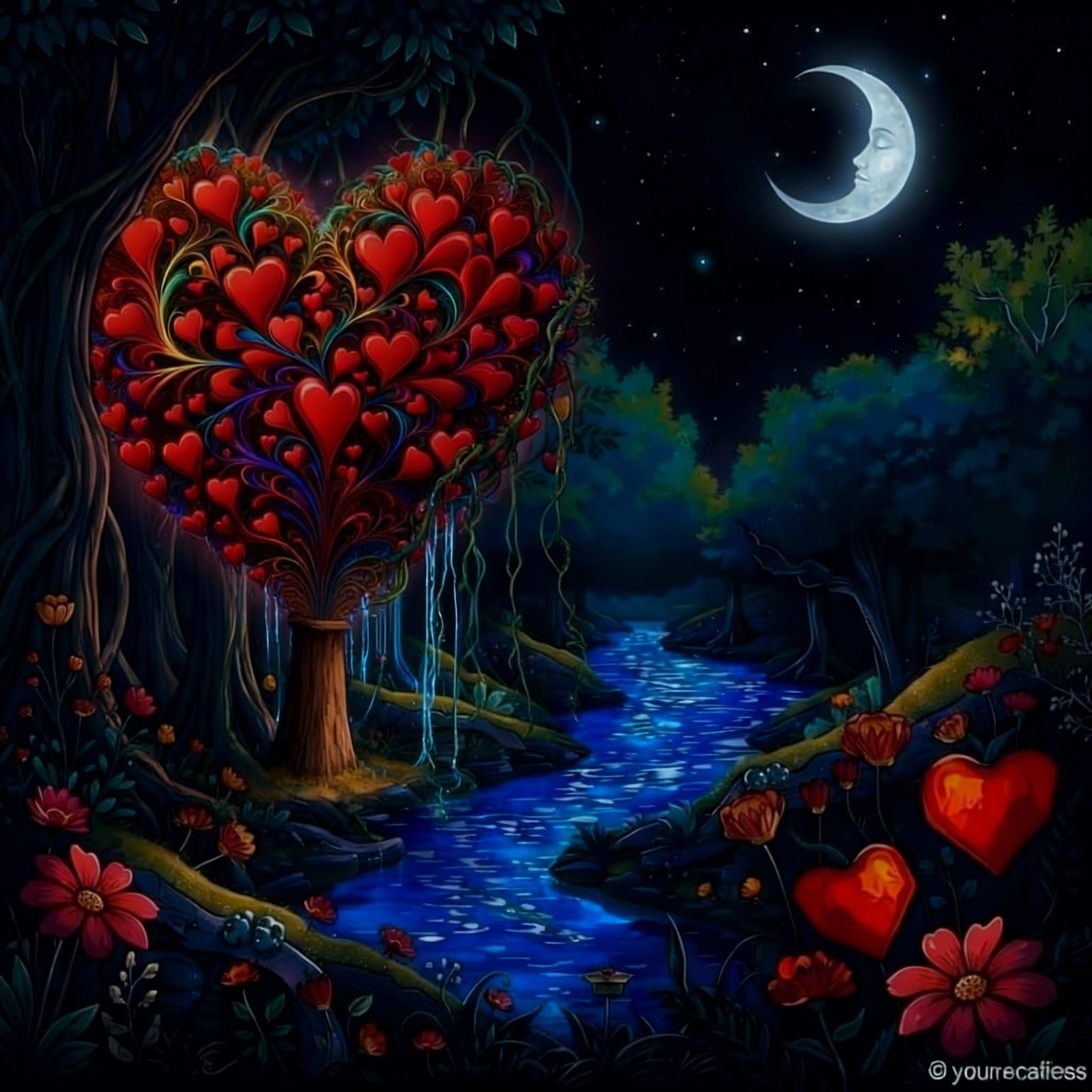 Fractal Heart in Eden Garden with Crescent Moon