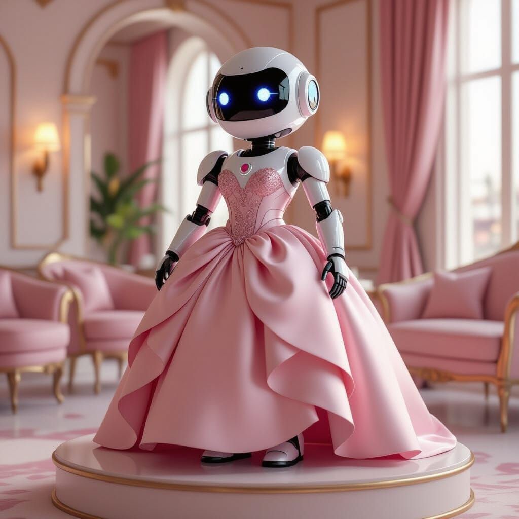 Cute Robot in Pink Gown, Luxurious 3D Render