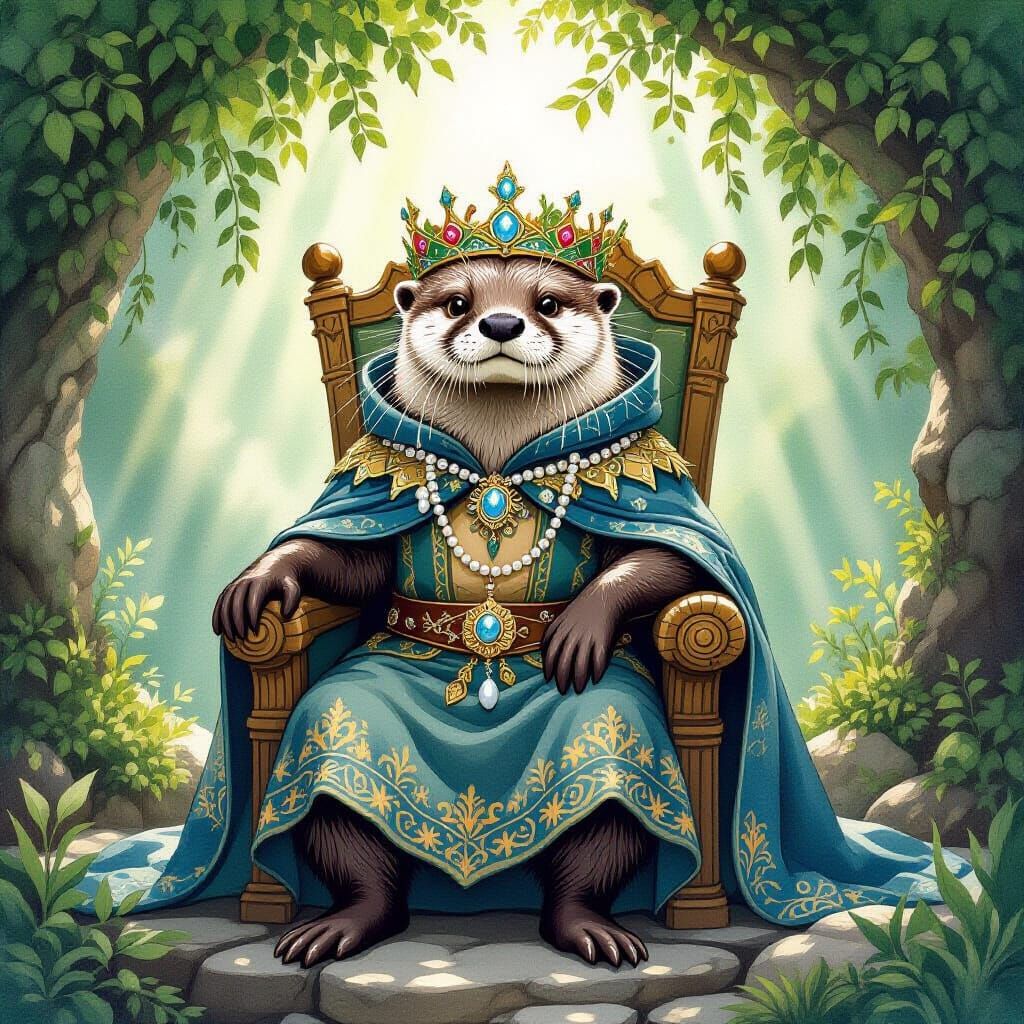 Otter King on Stone Throne in Dreamy Grotto