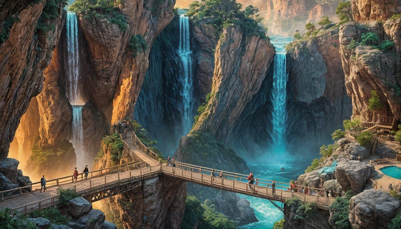 Dramatic Canyon with Buildings and Waterfall