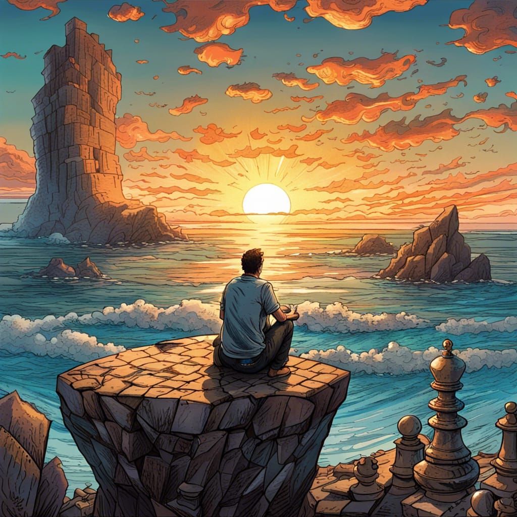 Man, Chessboard, Sunset: Comic Book Style Illustration