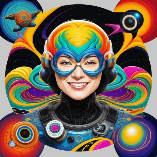 Smiling Woman's Space Adventure in Pop-Art Collage