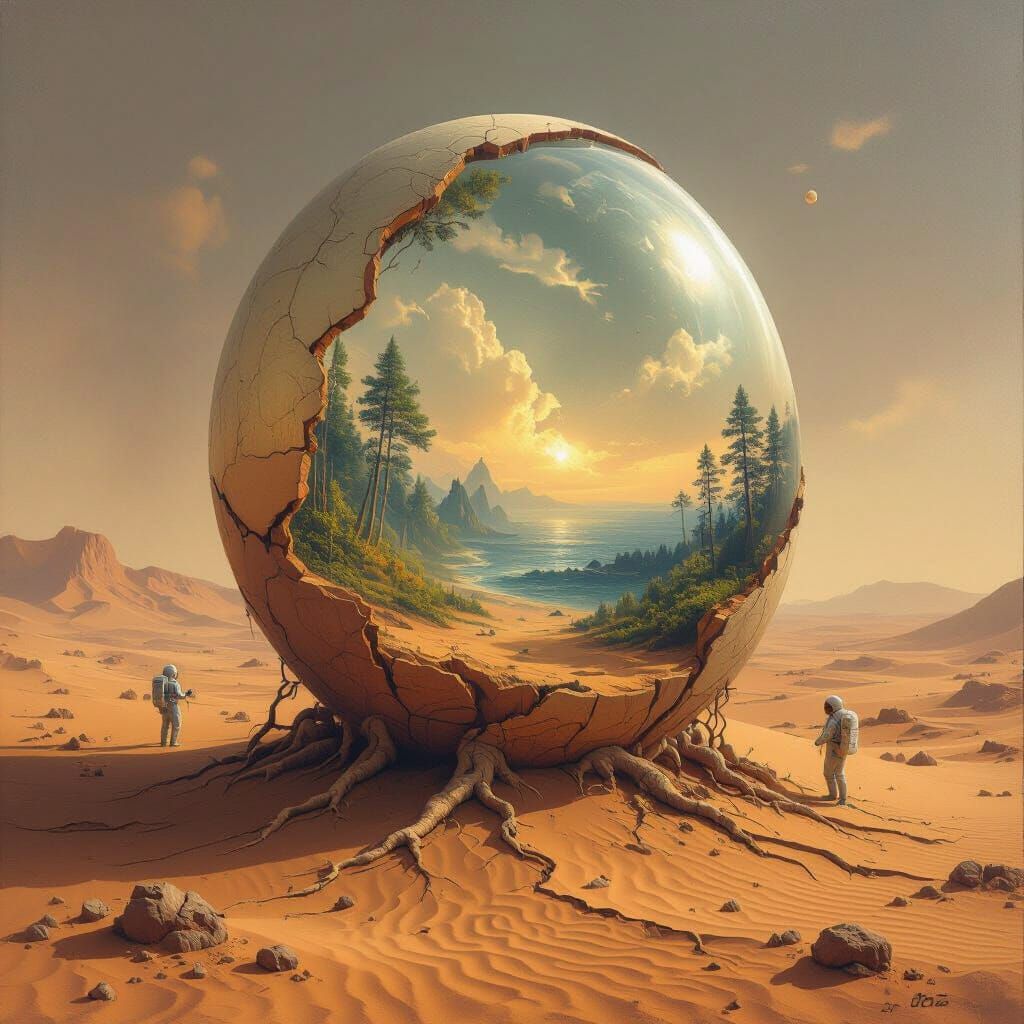 Martian Shell Spirals Upward in Painterly Surrealism