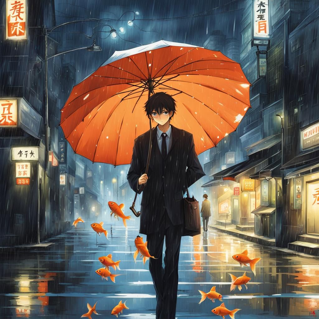 Man with goldfish walking under umbrella in rain
