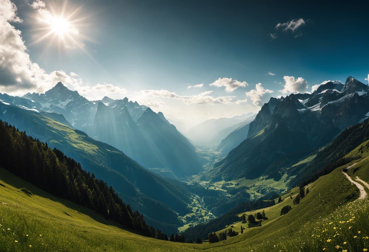 Swiss Alps in summer, sunny white mountains, deep colours, c...
