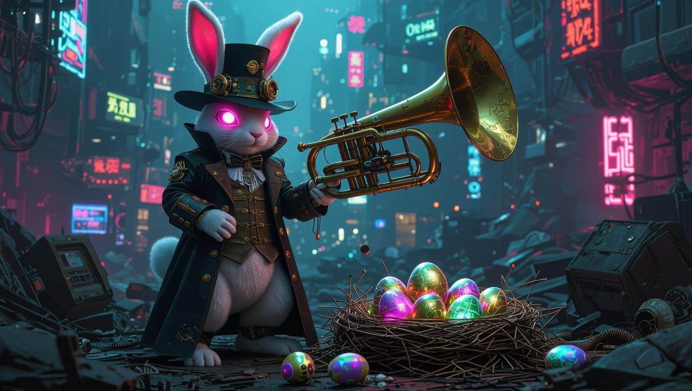 Cyberpunk Easter Bunny in Neon Cityscape