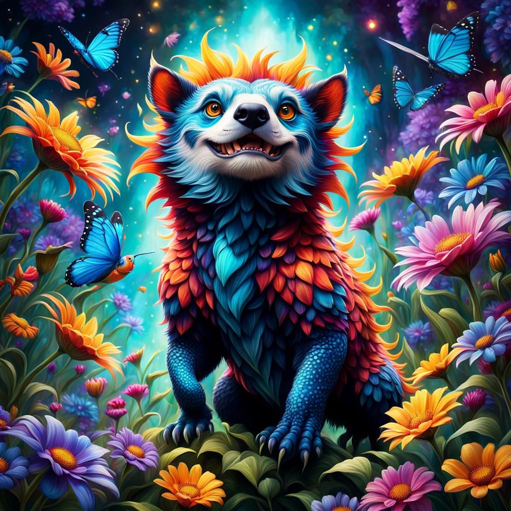 Magical Animal Among Colorful Flowers in Digital Painting St...